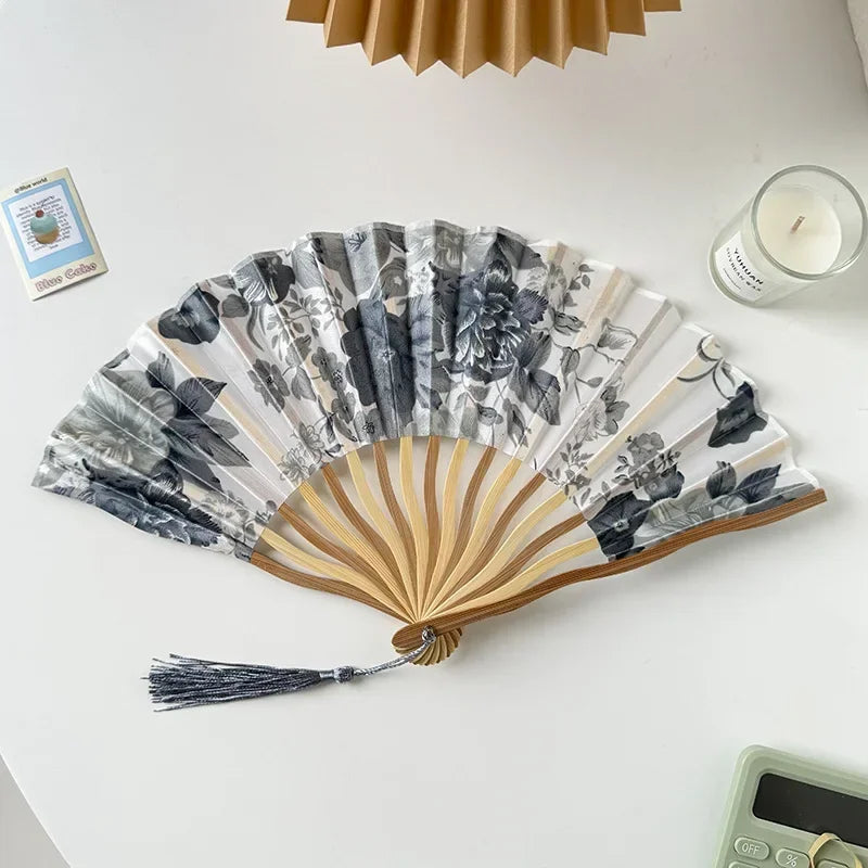 Chinese Retro Flower Ink Painting Style Pattern Women Silk-cloth Folding Fan Traditional Art Curved Bone Dance Fan with Tassel