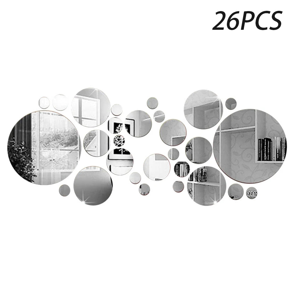26Pcs Acrylic Mirror Wall Stickers 3/6/8/15 cm Round Mirror Decals DIY Self-Adhesive Mirror Murals for Living Room Bedroom Decor
