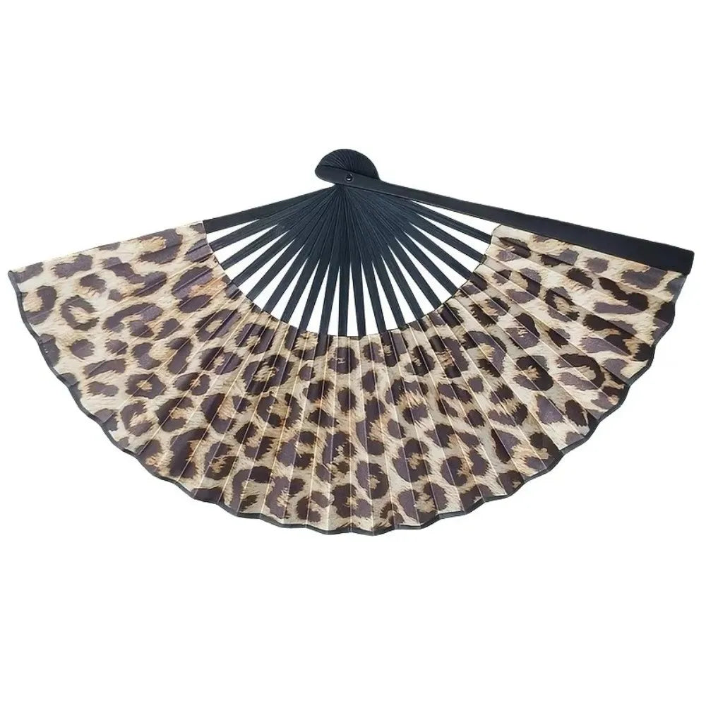 Exquisite Leopard Print Folding Fan with Black Frame Elegant Hand Fold Fan Large Portable Classical Dance Fan Women Party Gifts