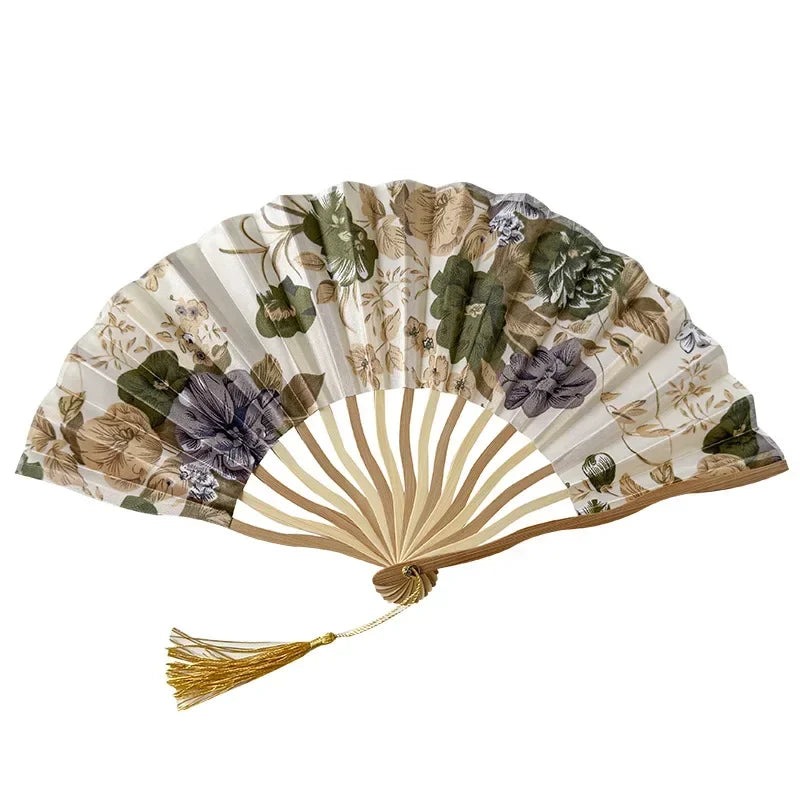 Chinese Retro Flower Ink Painting Style Pattern Women Silk-cloth Folding Fan Traditional Art Curved Bone Dance Fan with Tassel