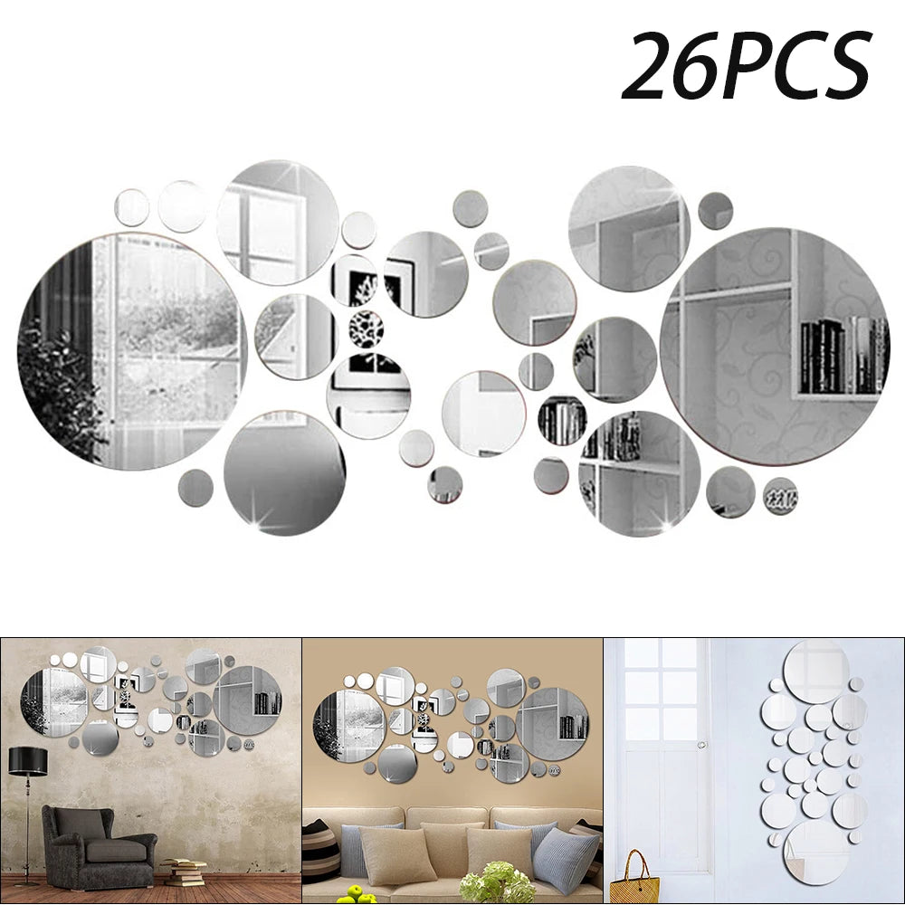 26Pcs Acrylic Mirror Wall Stickers 3/6/8/15 cm Round Mirror Decals DIY Self-Adhesive Mirror Murals for Living Room Bedroom Decor