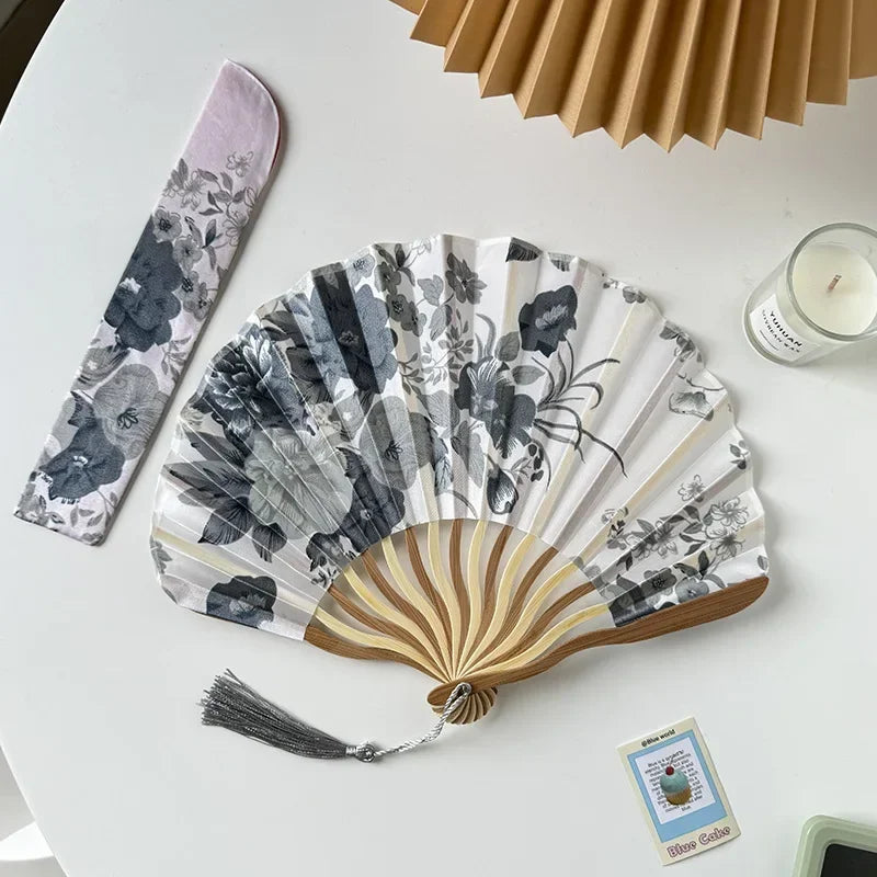 Chinese Retro Flower Ink Painting Style Pattern Women Silk-cloth Folding Fan Traditional Art Curved Bone Dance Fan with Tassel