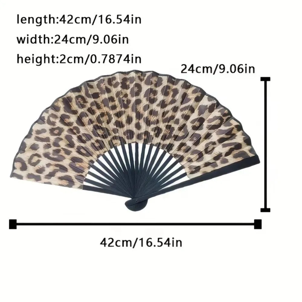 Exquisite Leopard Print Folding Fan with Black Frame Elegant Hand Fold Fan Large Portable Classical Dance Fan Women Party Gifts