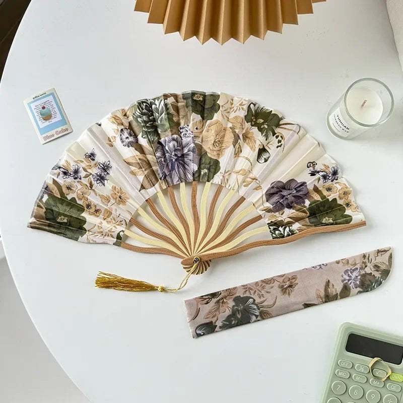 Chinese Retro Flower Ink Painting Style Pattern Women Silk-cloth Folding Fan Traditional Art Curved Bone Dance Fan with Tassel