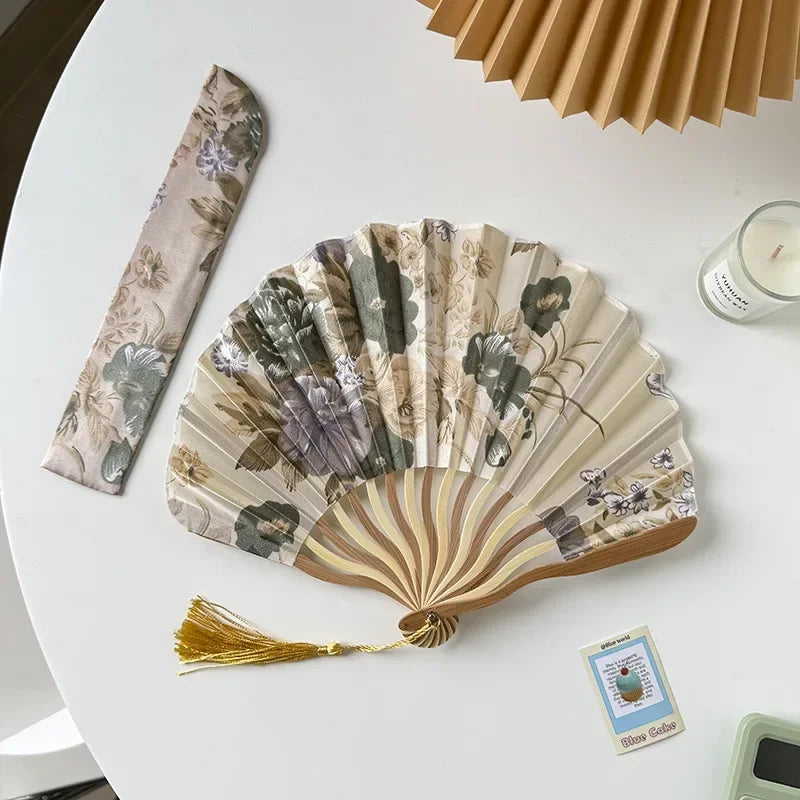 Chinese Retro Flower Ink Painting Style Pattern Women Silk-cloth Folding Fan Traditional Art Curved Bone Dance Fan with Tassel