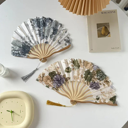 Chinese Retro Flower Ink Painting Style Pattern Women Silk-cloth Folding Fan Traditional Art Curved Bone Dance Fan with Tassel