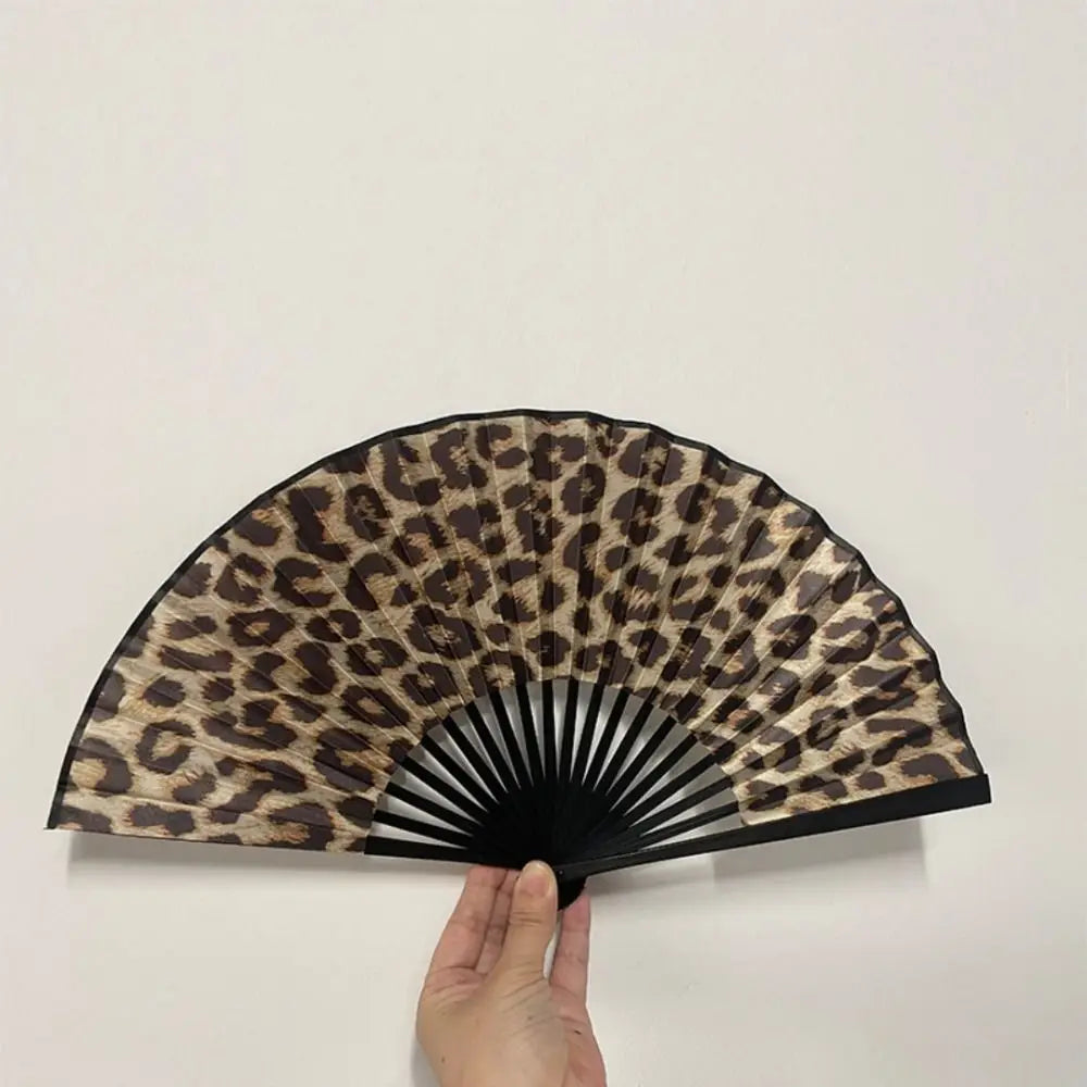 Exquisite Leopard Print Folding Fan with Black Frame Elegant Hand Fold Fan Large Portable Classical Dance Fan Women Party Gifts