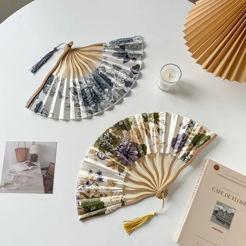 Chinese Retro Flower Ink Painting Style Pattern Women Silk-cloth Folding Fan Traditional Art Curved Bone Dance Fan with Tassel