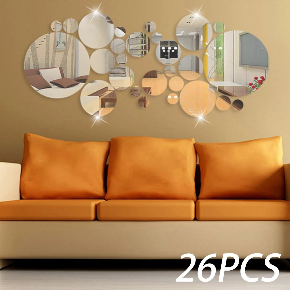 26Pcs Acrylic Mirror Wall Stickers 3/6/8/15 cm Round Mirror Decals DIY Self-Adhesive Mirror Murals for Living Room Bedroom Decor